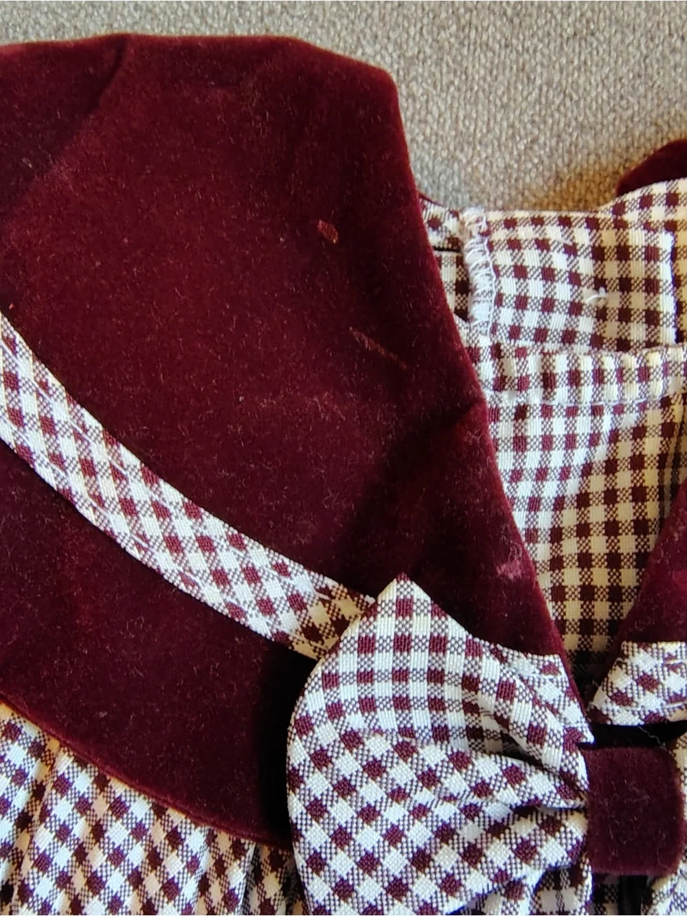 Vtg Velvet Caped Checked Dress Girls 12M Maroon Bow Pleated Madeline Sailor USA